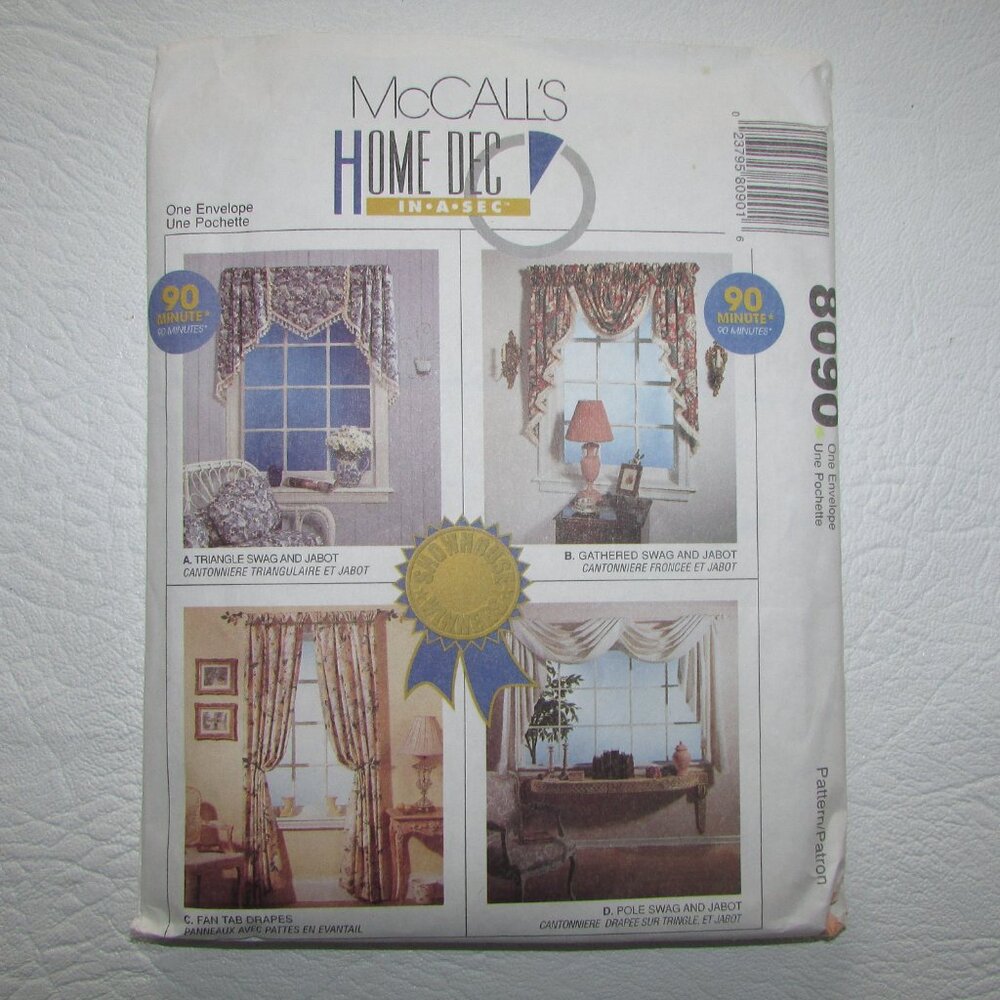McCalls 90 Minute Window Treatments Sewing Pattern - 8090 - UnCut